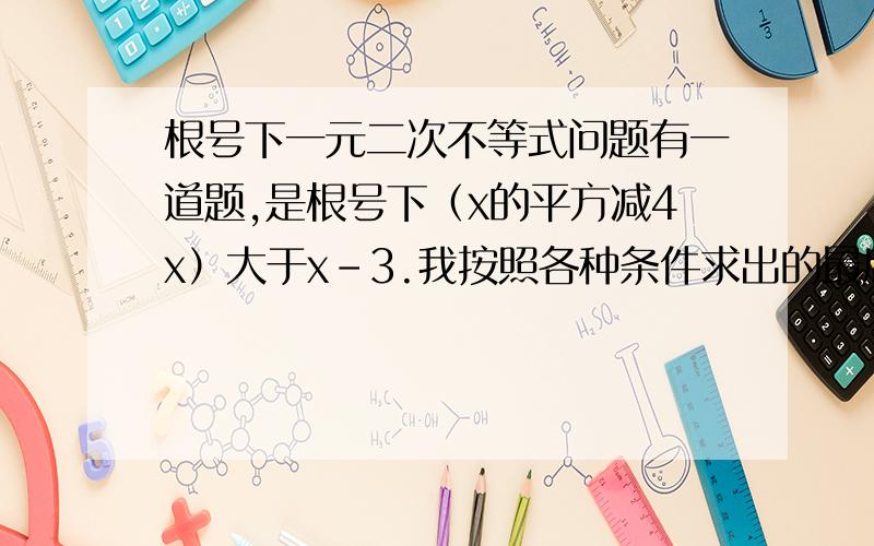 根号下一元二次不等式问题有一道题,是根号下（x的平方减4x）大于x-3.我按照各种条件求出的最后结果是x大于二分之九.可是我无意中发现,如果x=0,带入不等式就成了0大于-3,这个也成立.可是