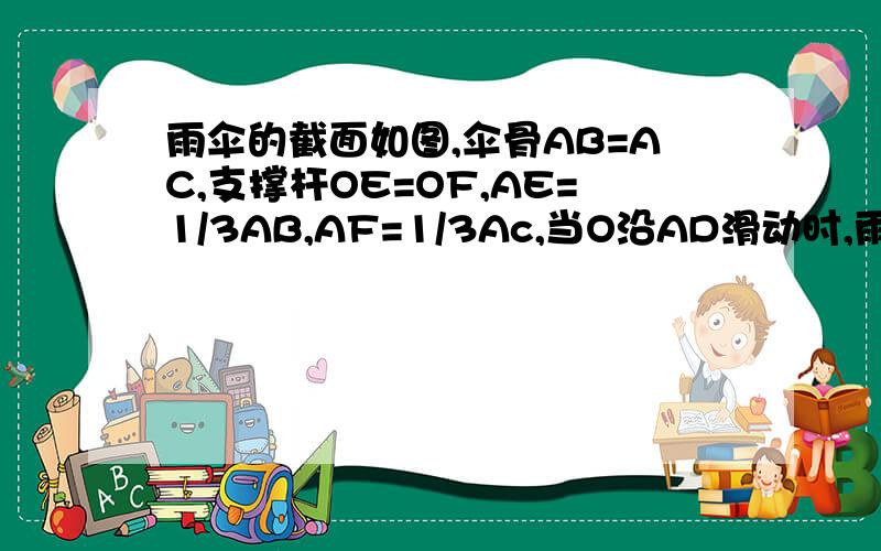 雨伞的截面如图,伞骨AB=AC,支撑杆OE=OF,AE=1/3AB,AF=1/3Ac,当O沿AD滑动时,雨伞开闭,在雨伞开闭的过程中,角BAD与角CAD有什么关系  说明理由