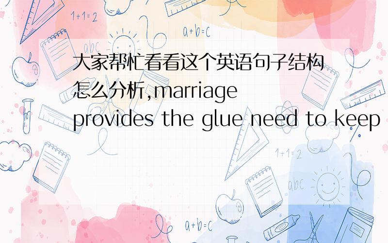 大家帮忙看看这个英语句子结构怎么分析,marriage provides the glue need to keep a couple together by providing ties of family,in conjunction with the obligations of parents to children.