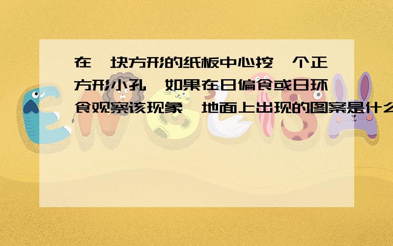 在一块方形的纸板中心挖一个正方形小孔,如果在日偏食或日环食观察该现象,地面上出现的图案是什么样的?在一块方形的纸板中心挖一个正方形小孔,把纸板对向太阳,如果在日偏食或日环食