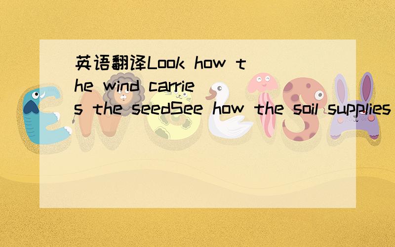 英语翻译Look how the wind carries the seedSee how the soil supplies what it needsThe rain falls,the sun shines and a flower breaks freeAnd it all works together,why can't weAnd I have seen children at play in the parkSkin shades of ivory,red,yell