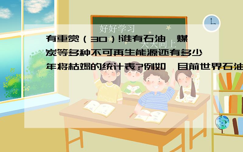 有重赏（30）!谁有石油,煤炭等多种不可再生能源还有多少年将枯竭的统计表?例如,目前世界石油储量还够世界用xx年之类,一定要全面!