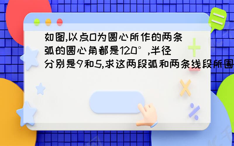 如图,以点O为圆心所作的两条弧的圆心角都是120°,半径分别是9和5,求这两段弧和两条线段所围成的图形.