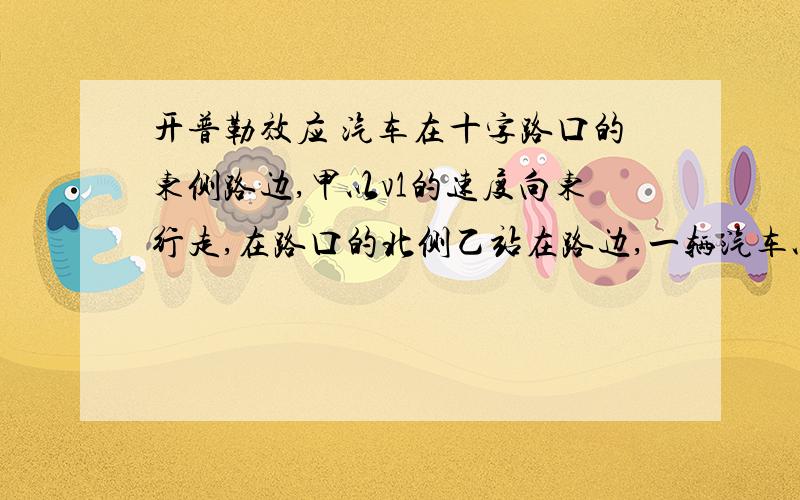 开普勒效应 汽车在十字路口的东侧路边,甲以v1的速度向东行走,在路口的北侧乙站在路边,一辆汽车以v2的速度通过路口向东行驶并鸣笛.已知汽车鸣笛声的频率为f0,车速v2>v1.设甲听到笛声的频