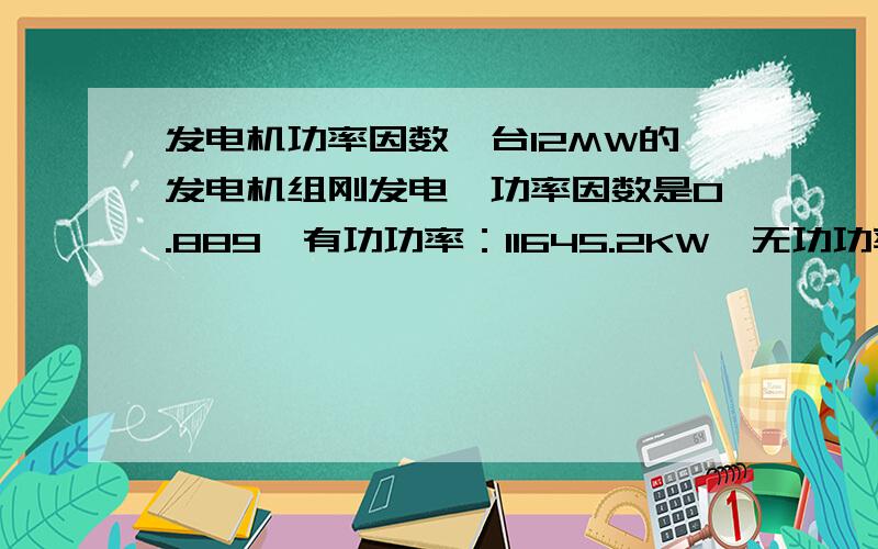 发电机功率因数一台12MW的发电机组刚发电,功率因数是0.889、有功功率：11645.2KW、无功功率：6221.7KVAR；频率F：49.98；三相电压分别是：A:3.72 B:3.7 C:3.68三相电流分别是：A1153.3   B:1204.3   C：1183.8