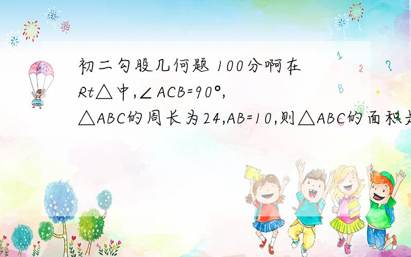 初二勾股几何题 100分啊在Rt△中,∠ACB=90°,△ABC的周长为24,AB=10,则△ABC的面积是（）最主要的是过程,不要只给答案,过程也要具体点,不要三两句话就搞定,这是真的