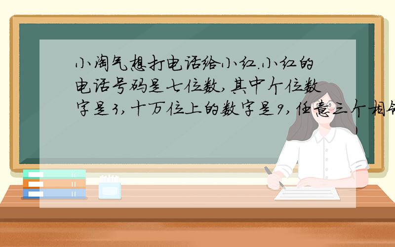 小淘气想打电话给小红.小红的电话号码是七位数,其中个位数字是3,十万位上的数字是9,任意三个相邻数位上的数字和都是20,你知道小红家的电话号码是多少吗?