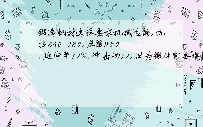 锻造钢材选择要求机械性能,抗拉630-780,屈服450,延伸率17%,冲击功27,因为锻件需要焊接,碳当量不要大于0.52.哪位高人有合适的材料推荐下.