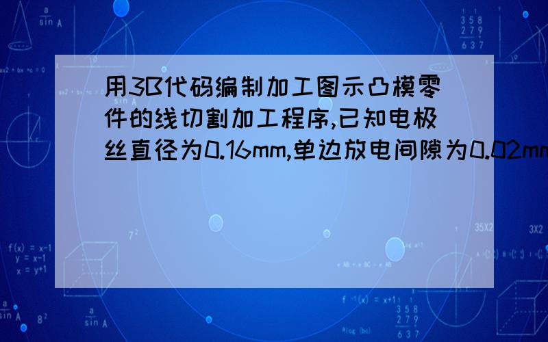 用3B代码编制加工图示凸模零件的线切割加工程序,已知电极丝直径为0.16mm,单边放电间隙为0.02mm,图中O为穿丝孔拟采用的加工路线O→E→D→C→B→A→E→O.