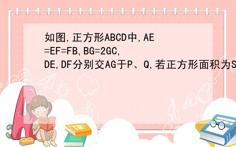 如图,正方形ABCD中,AE=EF=FB,BG=2GC,DE,DF分别交AG于P、Q,若正方形面积为S,则三角形DPQ的面积为多少?补图，谢谢