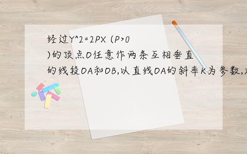 经过Y^2=2PX (P>0)的顶点O任意作两条互相垂直的线段OA和OB,以直线OA的斜率K为参数,求线段AB中点M的轨迹的参数方程.