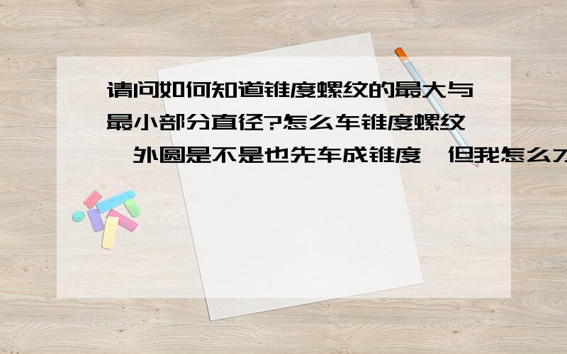 请问如何知道锥度螺纹的最大与最小部分直径?怎么车锥度螺纹,外圆是不是也先车成锥度,但我怎么才能知道最大与最小部分的直径呢?车螺纹时的升速段与降速度如何设置?最好有个实例?我是