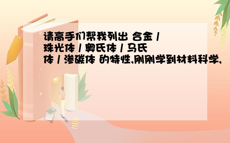 请高手们帮我列出 合金 / 珠光体 / 奥氏体 / 马氏体 / 渗碳体 的特性,刚刚学到材料科学,