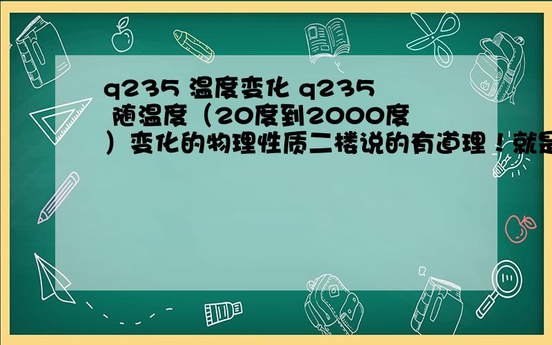 q235 温度变化 q235 随温度（20度到2000度）变化的物理性质二楼说的有道理！就是Q235钢20度……2000度之间包括密度，比热，热膨胀系数，热传导系数，弹性模量，屈服应力，切变模量等。恳请