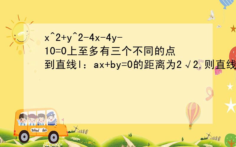 x^2+y^2-4x-4y-10=0上至多有三个不同的点到直线l：ax+by=0的距离为2√2,则直线l的斜率的取值范围是多少?