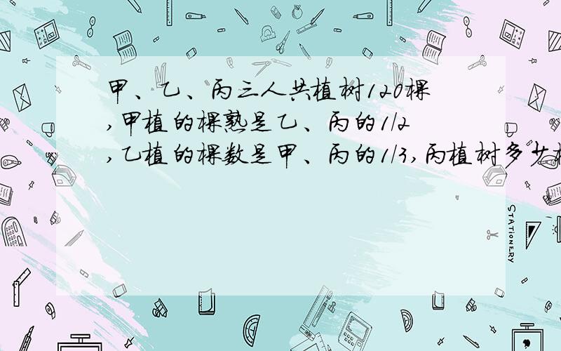 甲、乙、丙三人共植树120棵,甲植的棵熟是乙、丙的1/2,乙植的棵数是甲、丙的1/3,丙植树多少棵?甲是...（ ）7/6=1.45X（ ）=3/5/（ ）=（ ）/3/2