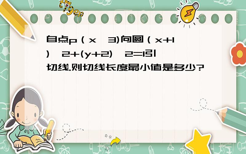 自点p（x,3)向圆（x+1)^2+(y+2)^2=1引切线.则切线长度最小值是多少?