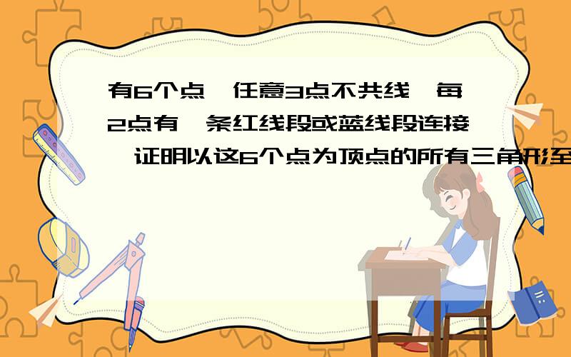 有6个点,任意3点不共线,每2点有一条红线段或蓝线段连接,证明以这6个点为顶点的所有三角形至少2个同色