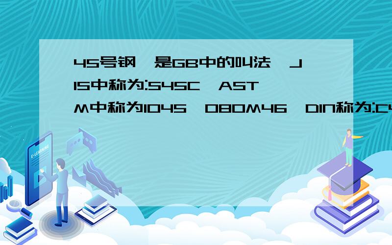 45号钢,是GB中的叫法,JIS中称为:S45C,ASTM中称为1045,080M46,DIN称为:C45 .国内常叫45号钢,也有叫“油钢”.一般,市场现货热轧居多.冷轧规格1.4.0MM之间.