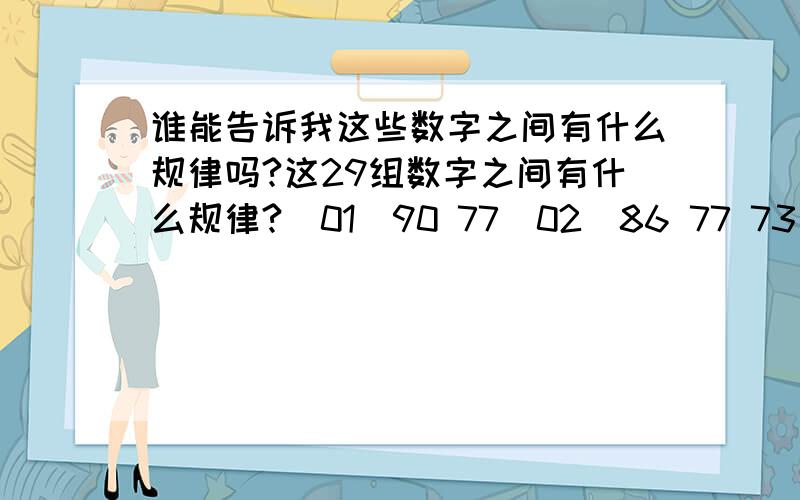 谁能告诉我这些数字之间有什么规律吗?这29组数字之间有什么规律?(01)90 77(02)86 77 73(03)83 82(04)86 85 84 82(05)87  84(06)(07)84  80 77(08)88 82 80 91 75(09)83 91 72(10)79 (11)(12)(13)85 78 75(14)89 83 91 72(15)83 91 72(16)89