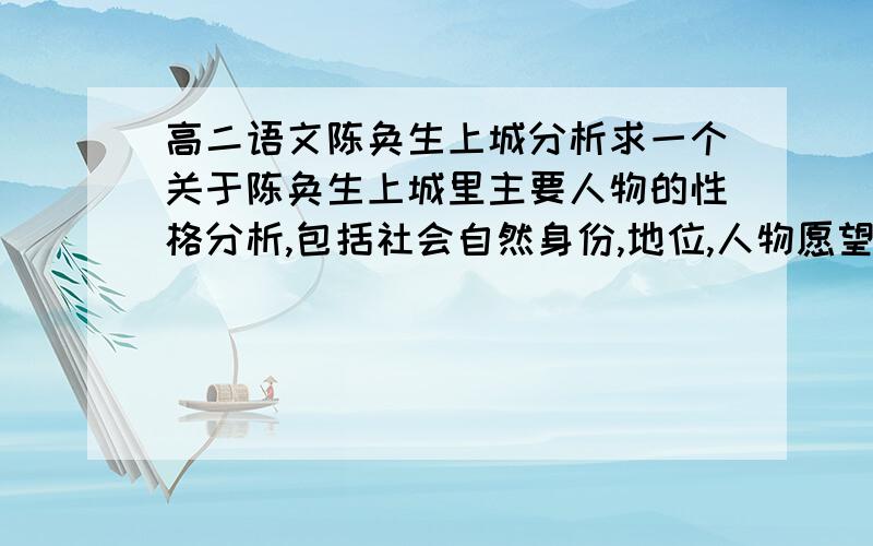 高二语文陈奂生上城分析求一个关于陈奂生上城里主要人物的性格分析,包括社会自然身份,地位,人物愿望,人物性格,人物所处的历史人文环境.按上面的总结一下,不要大篇文章,每个方面几个