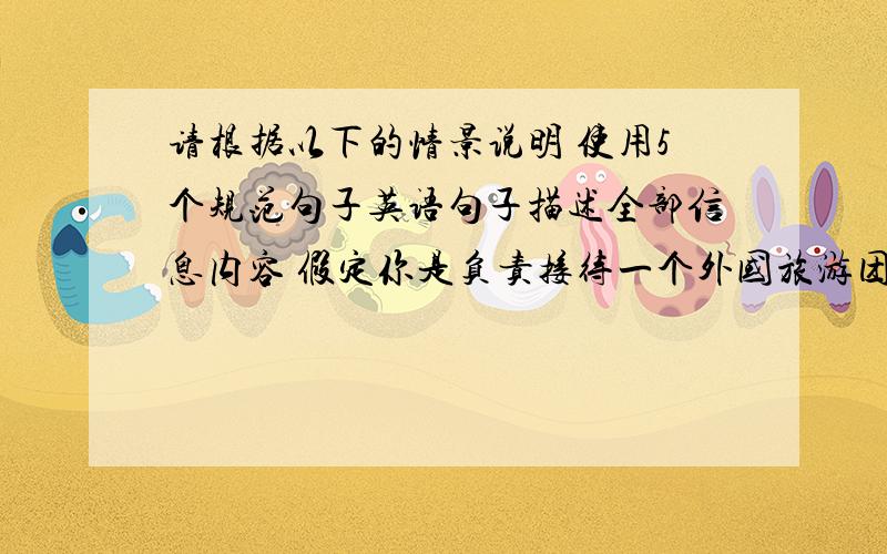 请根据以下的情景说明 使用5个规范句子英语句子描述全部信息内容 假定你是负责接待一个外国旅游团请你拟定请根据以下的情景说明 使用5个规范句子英语句子描述全部信息内容 假定你是