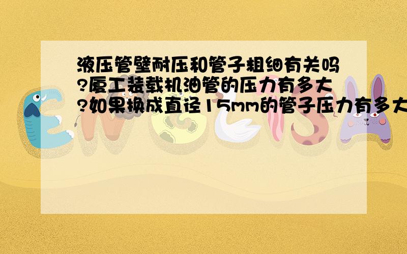 液压管壁耐压和管子粗细有关吗?厦工装载机油管的压力有多大?如果换成直径15mm的管子压力有多大?我想配个小电磁阀!看需要多大耐压.