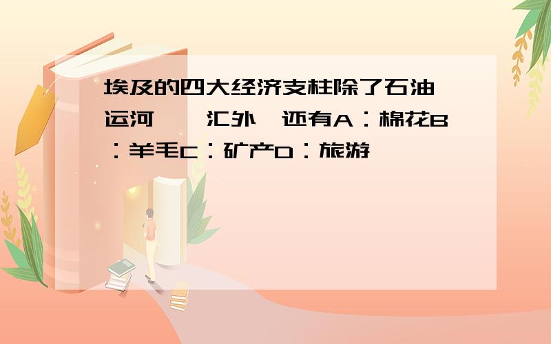 埃及的四大经济支柱除了石油、运河、侪汇外,还有A：棉花B：羊毛C：矿产D：旅游