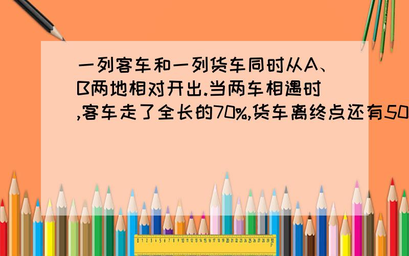 一列客车和一列货车同时从A、B两地相对开出.当两车相遇时,客车走了全长的70%,货车离终点还有500千米.客车行完全程需25小时,客车每小时行多少千米?