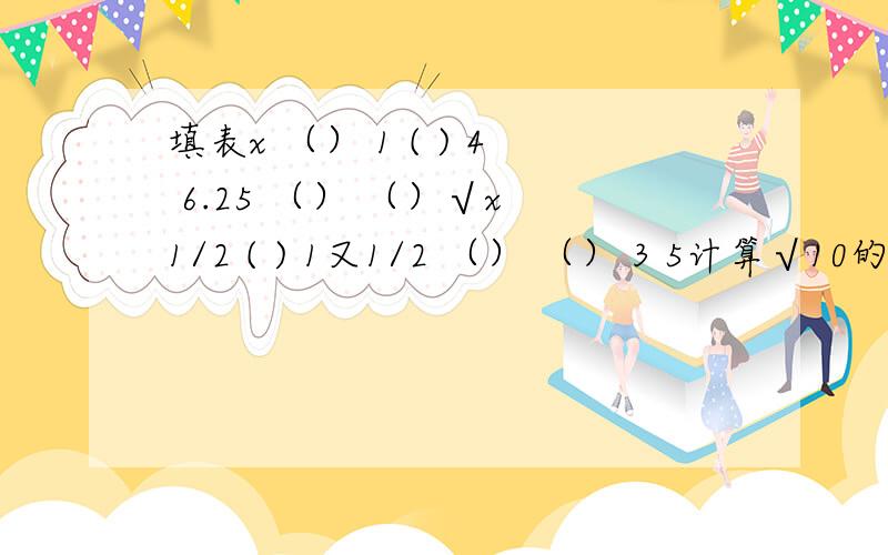 填表x （） 1 ( ) 4 6.25 （） （）√x 1/2 ( ) 1又1/2 （） （） 3 5计算√10的4次方 10的8次方分之1