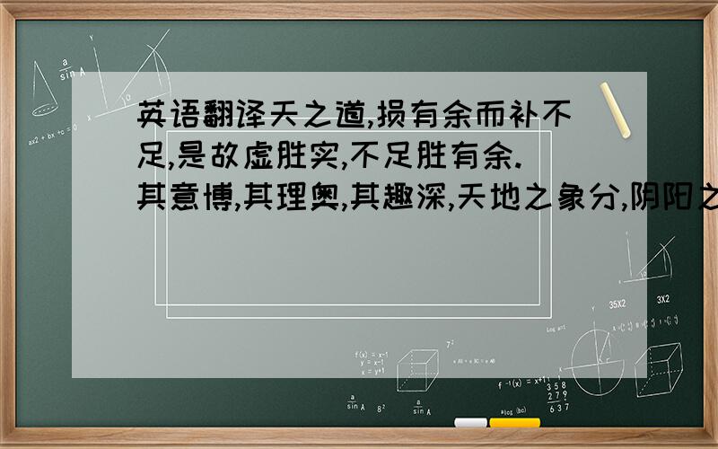 英语翻译天之道,损有余而补不足,是故虚胜实,不足胜有余.其意博,其理奥,其趣深,天地之象分,阴阳之候列,变化之由表,死生之兆彰,不谋而遗迹自同,勿约而幽明斯契,稽其言有微,验之事不忒,诚