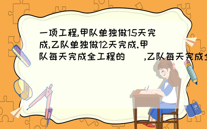 一项工程,甲队单独做15天完成,乙队单独做12天完成.甲队每天完成全工程的（）,乙队每天完成全工程的（）,甲、乙两队合做,每天完成全工程的（）,甲、乙两队合做,完成全工程要（）天.