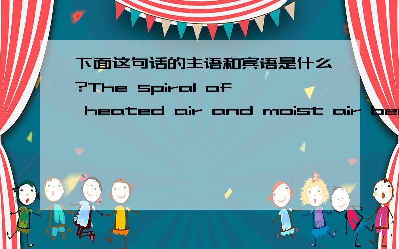 下面这句话的主语和宾语是什么?The spiral of heated air and moist air begins to twist and grow and spin faster and faster in a counterclockwise direction