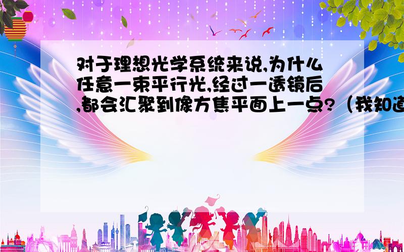 对于理想光学系统来说,为什么任意一束平行光,经过一透镜后,都会汇聚到像方焦平面上一点?（我知道一束平行于光轴的光经过透镜后,会汇聚到焦点上,这也是焦点的找法与定义,可是我不明白