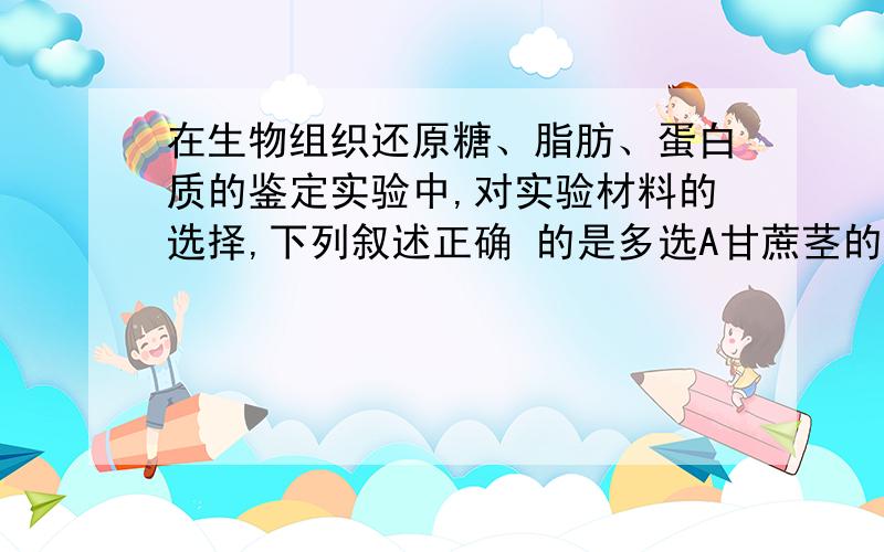 在生物组织还原糖、脂肪、蛋白质的鉴定实验中,对实验材料的选择,下列叙述正确 的是多选A甘蔗茎的薄壁组织、甜菜的块根等,都含有较多的糖且近于白色,因此可以用于进行还原糖的鉴定B花