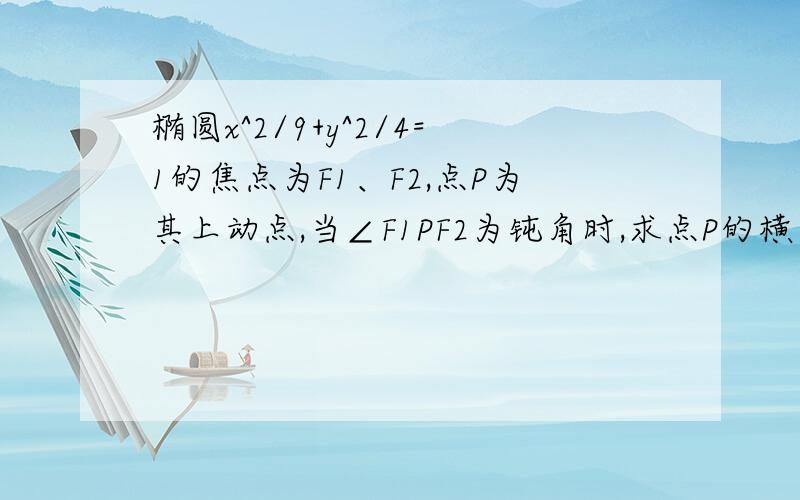 椭圆x^2/9+y^2/4=1的焦点为F1、F2,点P为其上动点,当∠F1PF2为钝角时,求点P的横坐标的取值范围