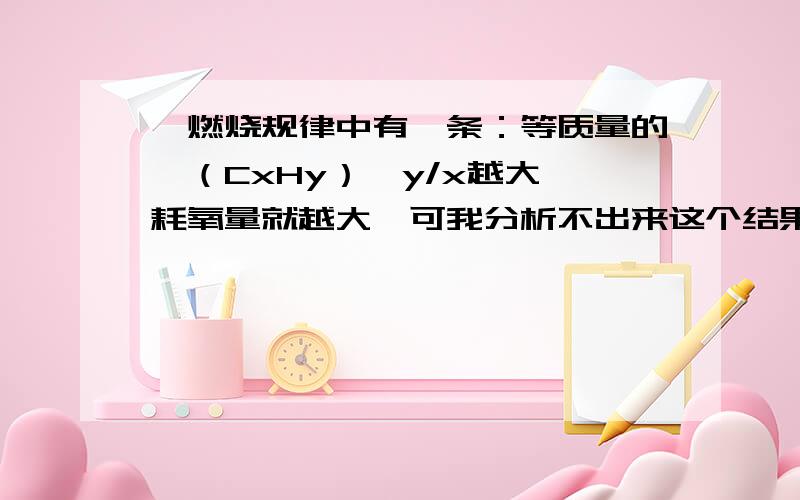 烃燃烧规律中有一条：等质量的烃（CxHy）,y/x越大,耗氧量就越大,可我分析不出来这个结果,请高手分析分析.