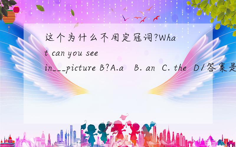 这个为什么不用定冠词?What can you see in___picture B?A.a   B. an  C. the  D/答案是D,为什么不用特指?