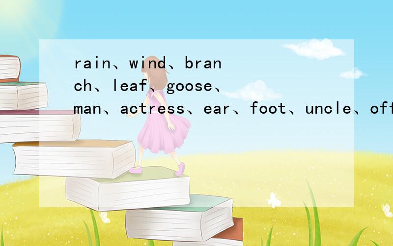 rain、wind、branch、leaf、goose、man、actress、ear、foot、uncle、office的单复数如果是不可数名词可用‘/’代替.