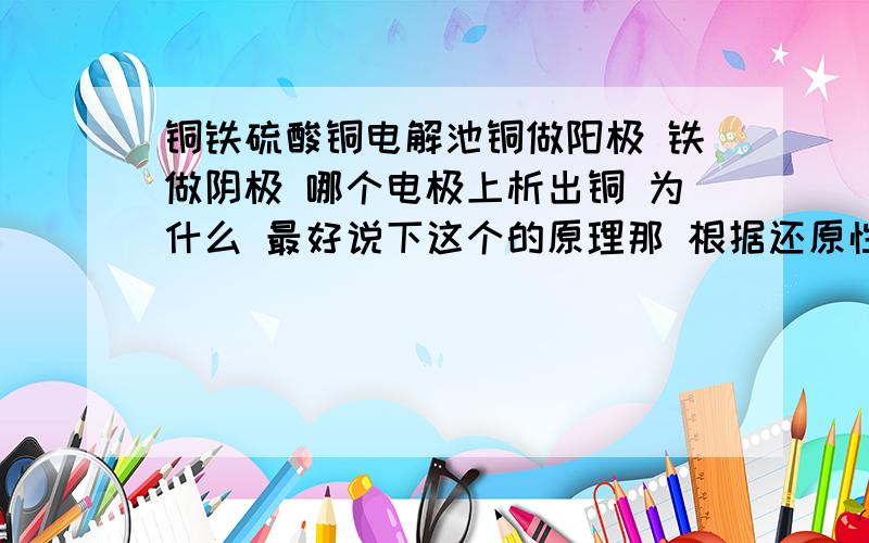 铜铁硫酸铜电解池铜做阳极 铁做阴极 哪个电极上析出铜 为什么 最好说下这个的原理那 根据还原性强先放电的原则 不是应该铁的还原性比较强 所以是铁先失电子啊 为什么是铜可是都是阳