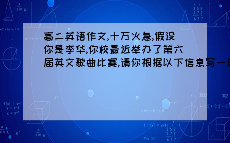 高二英语作文,十万火急,假设你是李华,你校最近举办了第六届英文歌曲比赛,请你根据以下信息写一篇英文短文发表在校刊英语专栏上,介绍一下这次英文歌曲比赛的情况,并谈谈你的感受.1.时