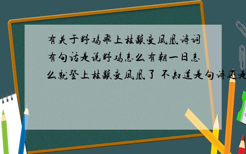 有关于野鸡飞上枝头变凤凰诗词有句话是说野鸡怎么有朝一日怎么就登上枝头变凤凰了 不知道是句诗还是谚语,还挺押韵的,我记得好像是有野鸡一词的