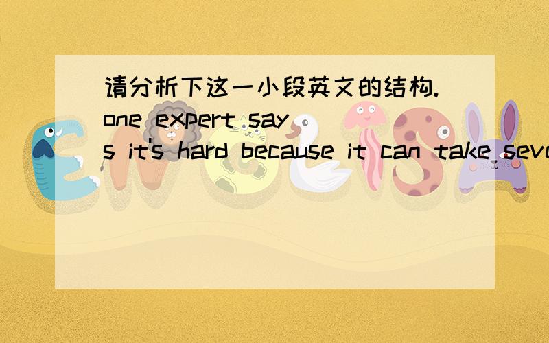 请分析下这一小段英文的结构.one expert says it's hard because it can take several decades of exposure to see if there are any consequences.每个单词都知道,可是不知道该怎样的组成句子.帮忙翻译下这段话,并分析下