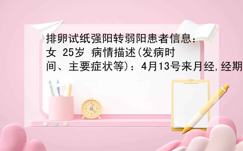 排卵试纸强阳转弱阳患者信息：女 25岁 病情描述(发病时间、主要症状等)：4月13号来月经,经期6天,整个周期32天左右,4月28号开始用排卵试纸,开始是弱阳,前天和昨天是阳性,今天早上测的时候