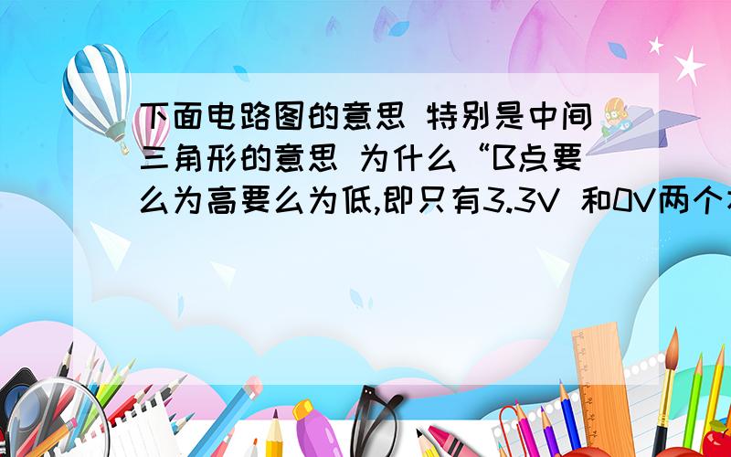 下面电路图的意思 特别是中间三角形的意思 为什么“B点要么为高要么为低,即只有3.3V 和0V两个状态”