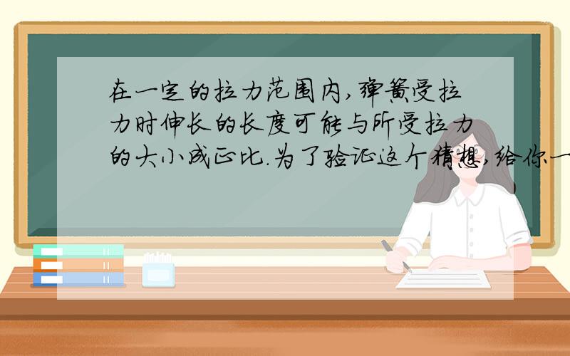 在一定的拉力范围内,弹簧受拉力时伸长的长度可能与所受拉力的大小成正比.为了验证这个猜想,给你一个弹簧,一个铁架台,一把较长的刻度尺和几个相同质量的钩码,用这些器材设计一个实验