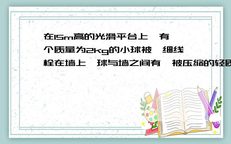 在15m高的光滑平台上,有一个质量为2kg的小球被一细线栓在墙上,球与墙之间有一被压缩的轻质弹簧,当细线烧断后,小球被水平弹出10√3m,求弹簧被压缩时具有的弹性势能.（最好有具体过程,