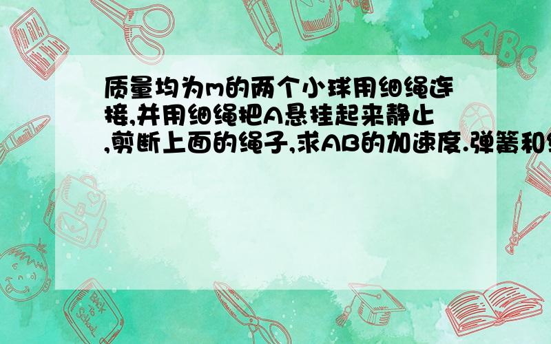 质量均为m的两个小球用细绳连接,并用细绳把A悬挂起来静止,剪断上面的绳子,求AB的加速度.弹簧和细绳在改变时有什么区别.