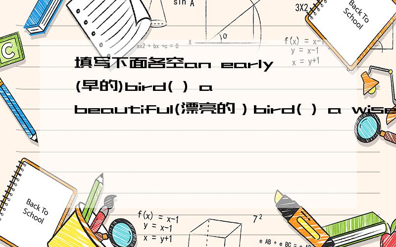 填写下面各空an early(早的)bird( ) a beautiful(漂亮的）bird( ) a wise(聪明的）bird( ) a lucky(幸运的）dog( ) a shy(害羞的）fish( )