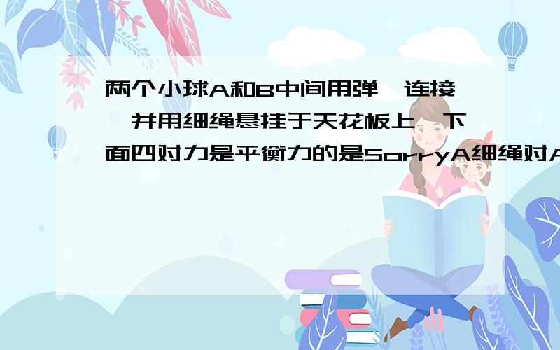 两个小球A和B中间用弹簧连接,并用细绳悬挂于天花板上,下面四对力是平衡力的是SorryA细绳对A的拉力与弹簧对A的拉力D弹簧对B的拉力与B收到的重力BC我知道 D也明白 但是我认为A也是对的啊